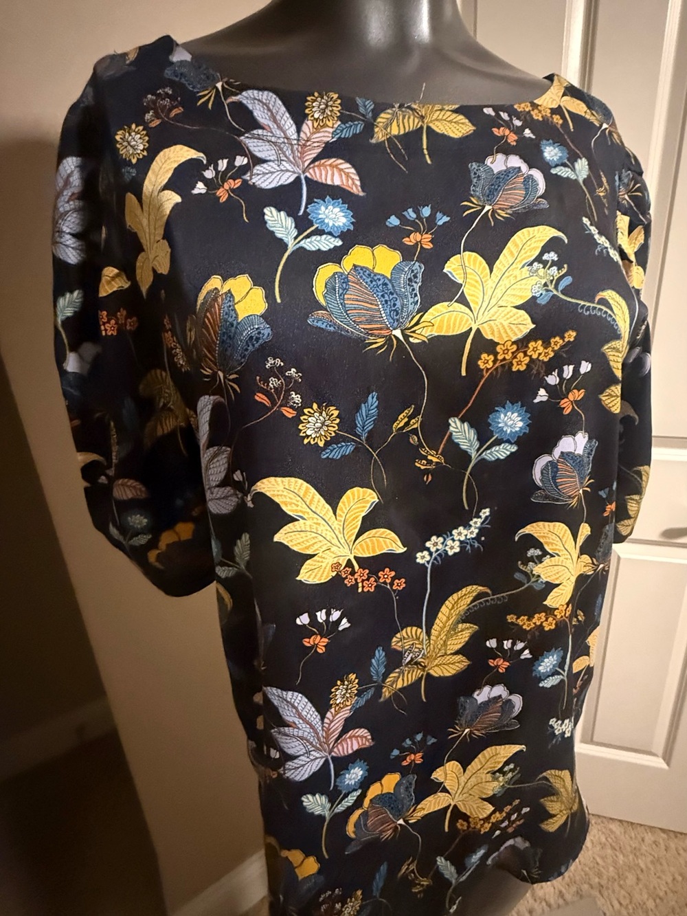 LOFT Navy Short-Sleeve Floral Print Shirt with Yellow Accents